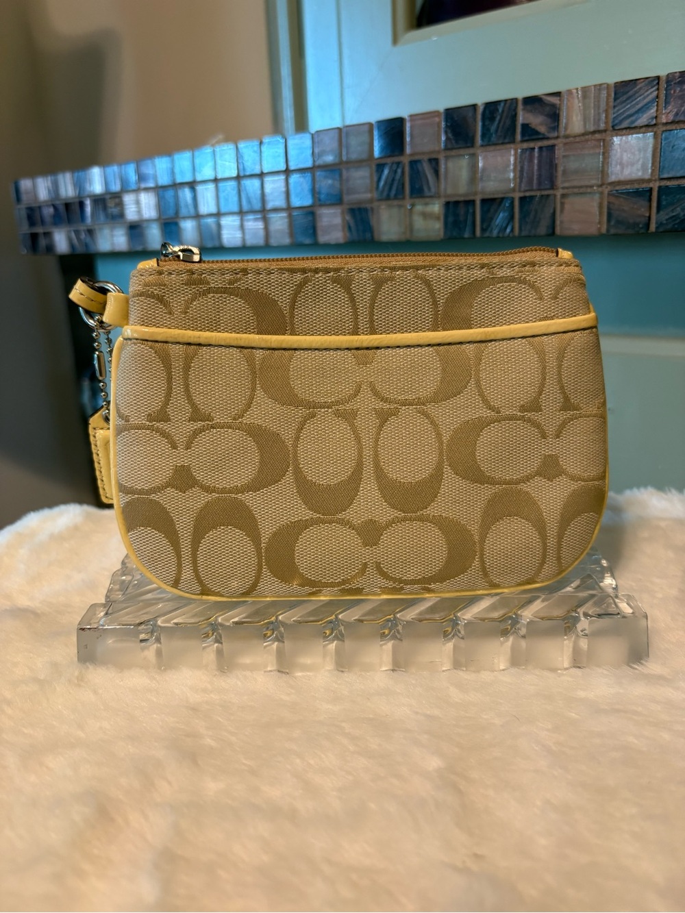 Coach Beige Signature Canvas Wristlet with Yellow Trim and Strap - Picture 2 of 5
